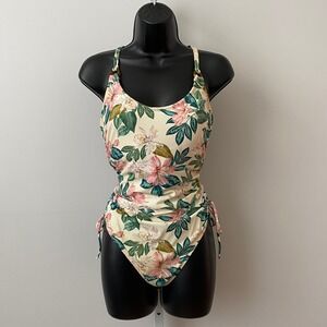 Palisades Beach Club Boho Tropical Beachy Floral One Piece Swimsuit L Cream